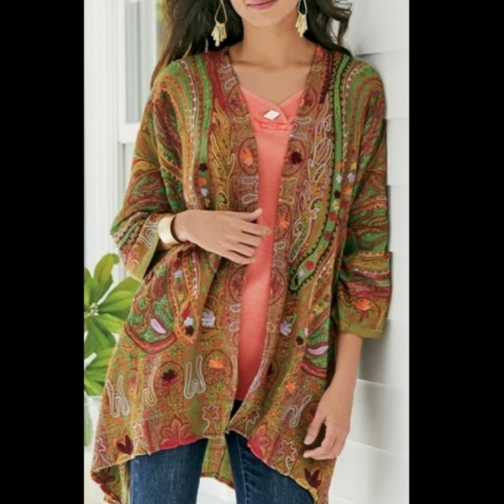 Soft Surroundings Lagenlook 3-D Embroidered Shrug Wrap Kimono Sz S/M